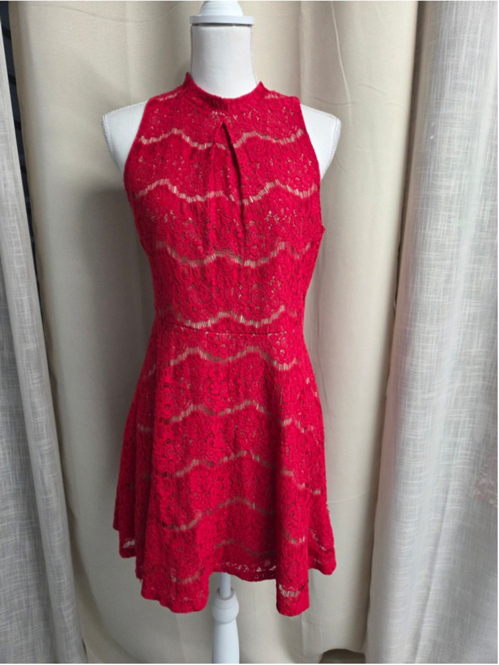 love, Fire Red Lace Halter Fit & Flare Mini Dress Party Eveningwear Lace Size L
